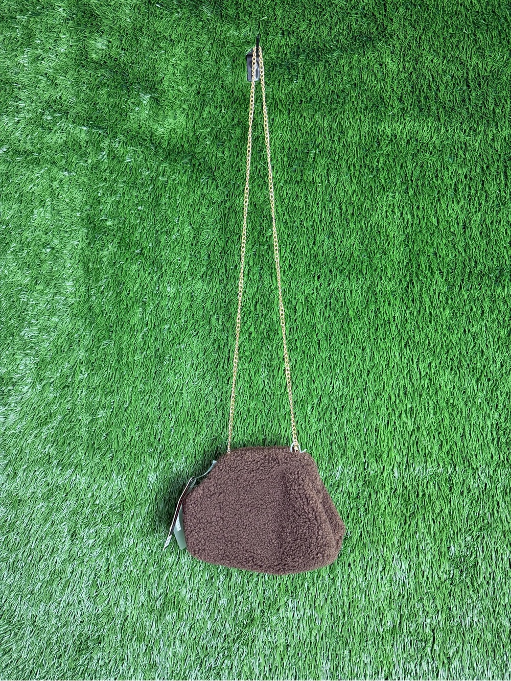 Cozy Plush Brown Crossbody with Gold Chain Strap